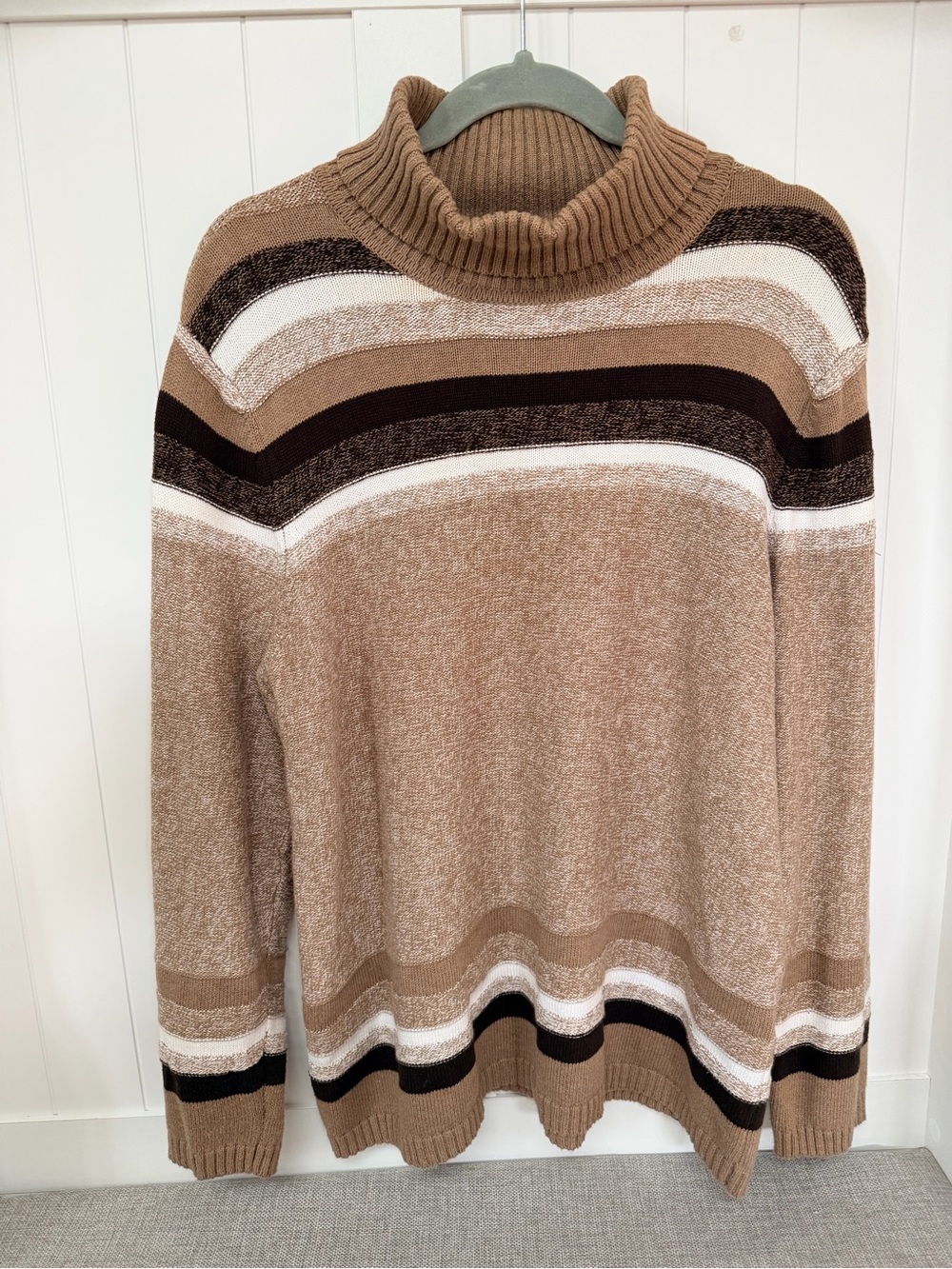 Karen Scott Brown, Tan & White Striped 100% Cotton Turtleneck Sweater